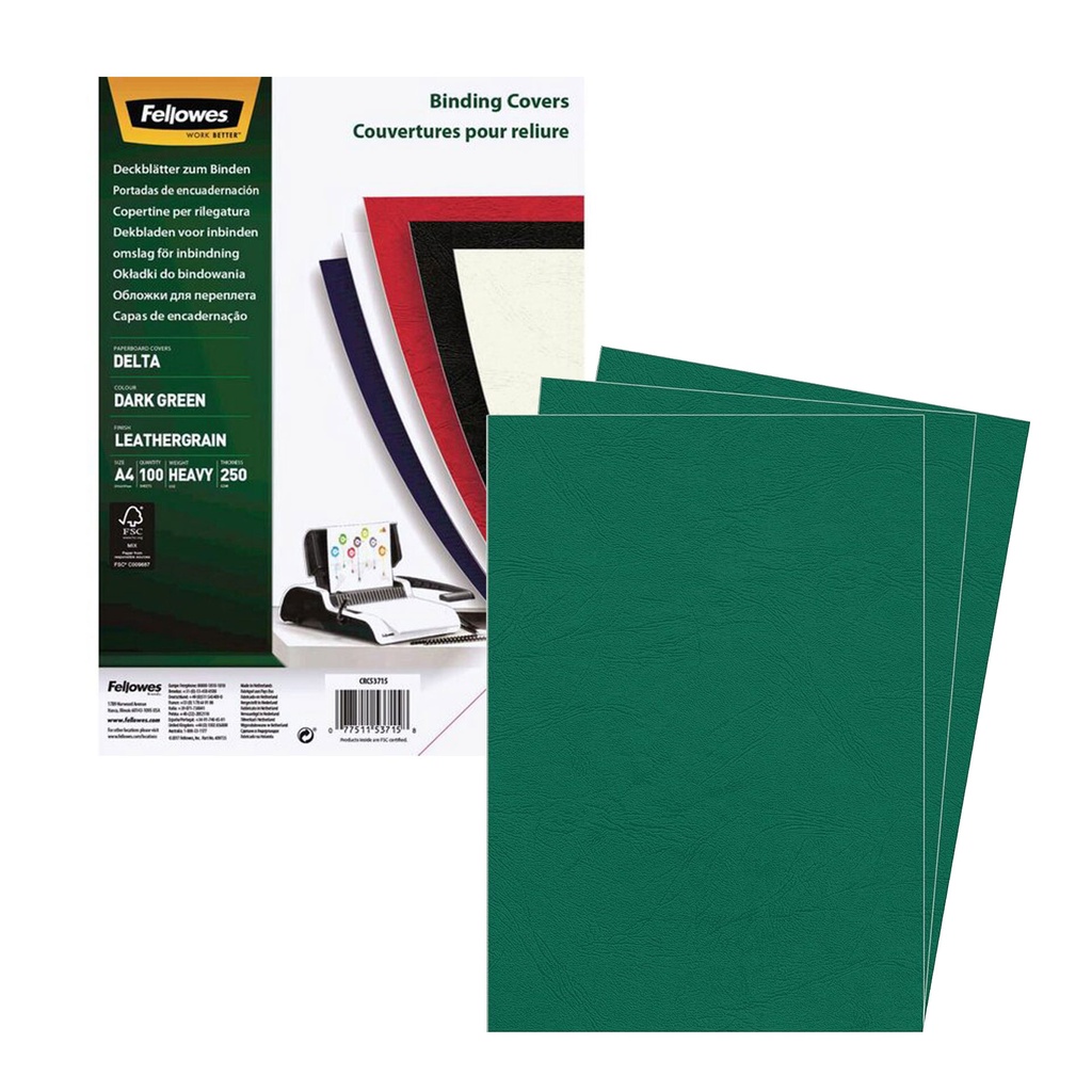 Portada de encuadernación A4 verde oscuro de cartulina de 250 g/m² Fellowes (Caja de 100)