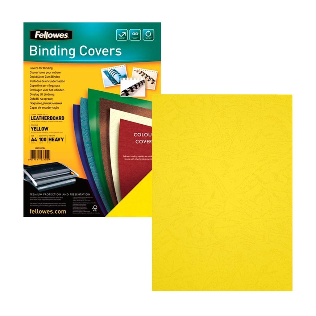 Portada de encuadernación A4 amarilla de cartulina de 250 g/m² Fellowes (Caja de 100)
