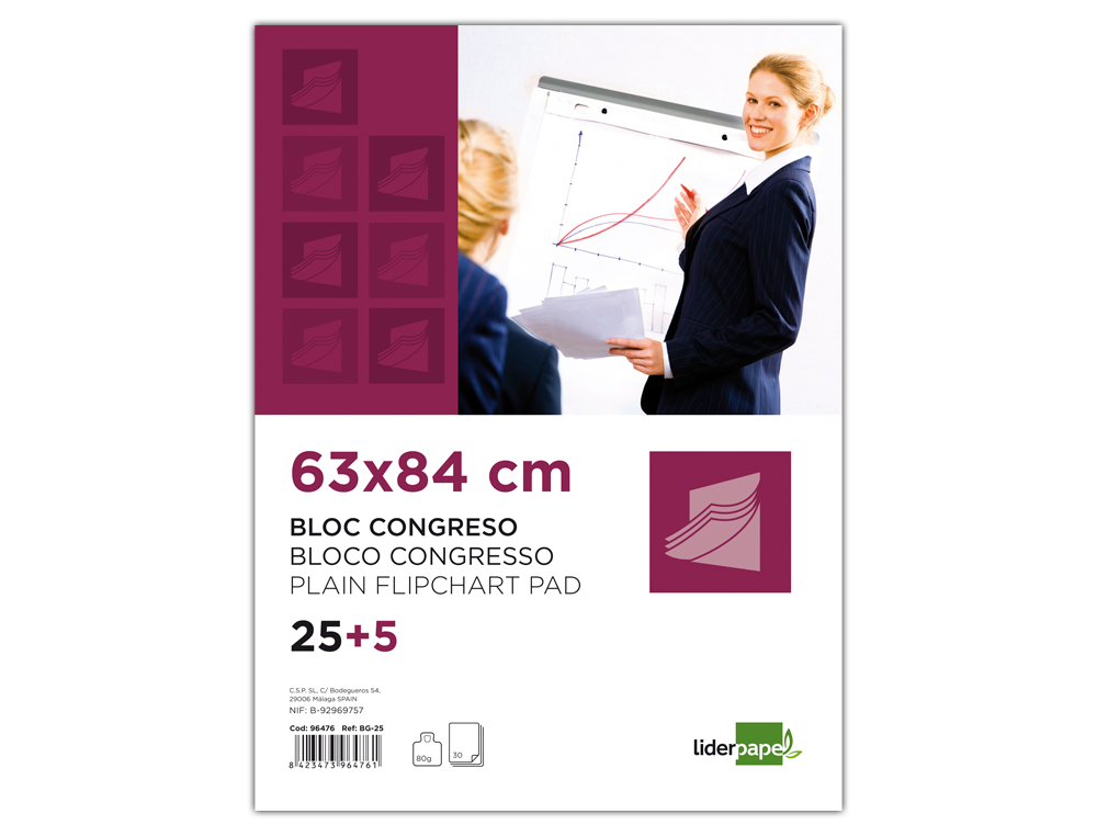 Bloc de congreso 630 x 840 mm 30 hojas blanco liso 80 g/m²