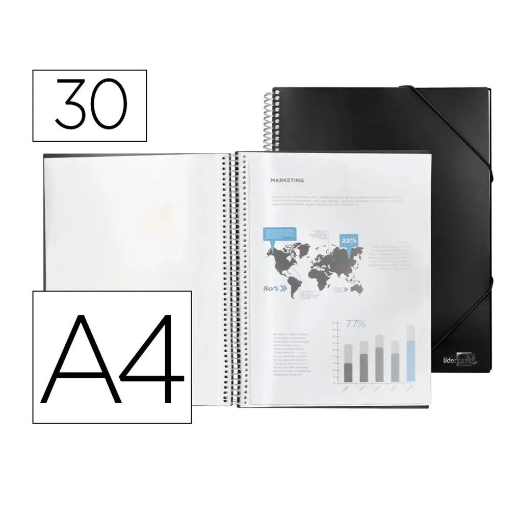 Carpeta escaparate de 30 fundas con espiral A4 negra Liderpapel