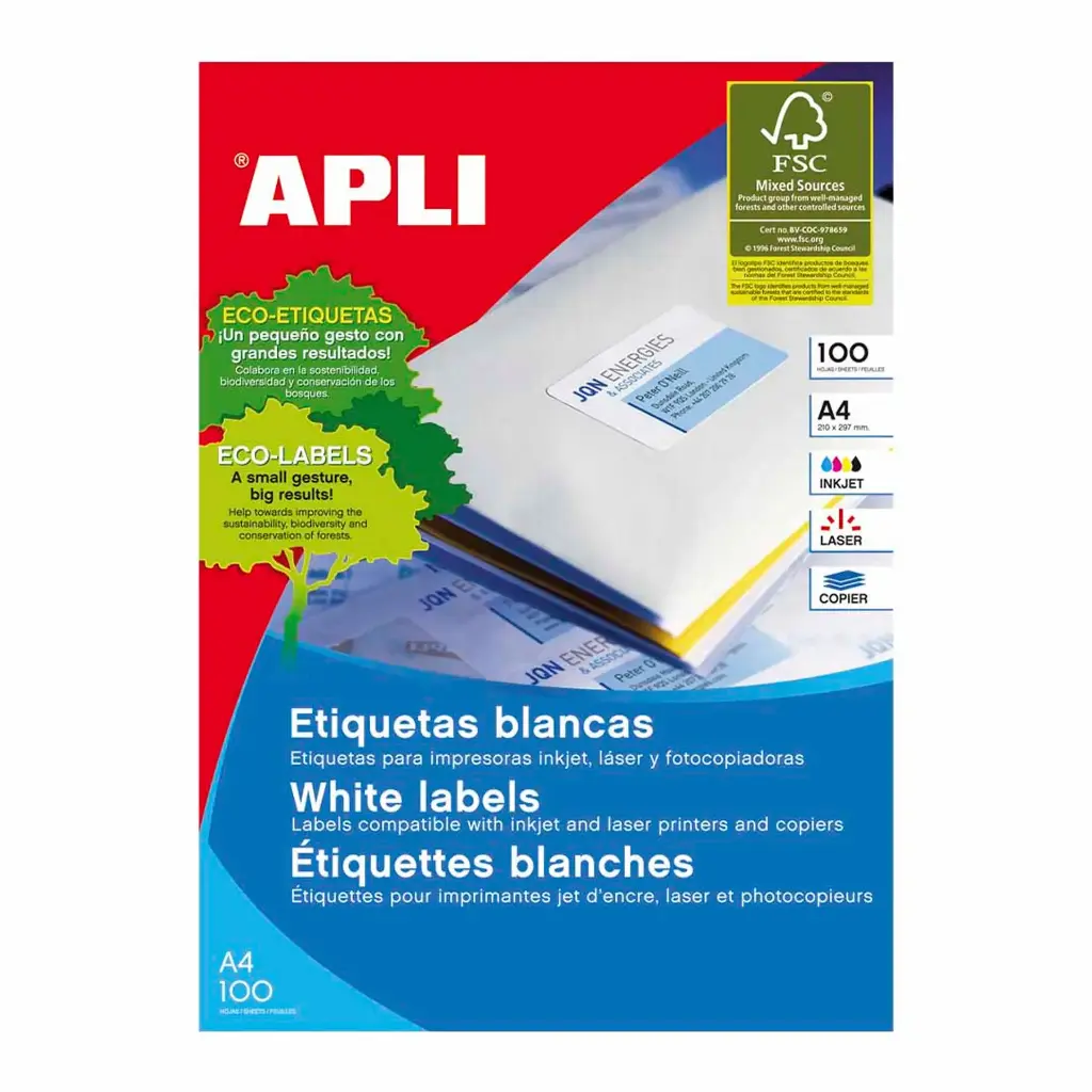 Etiquetas adhesivas permanentes A4 52,5 x 29,7 mm Apli 01286 (Caja 100 hojas)