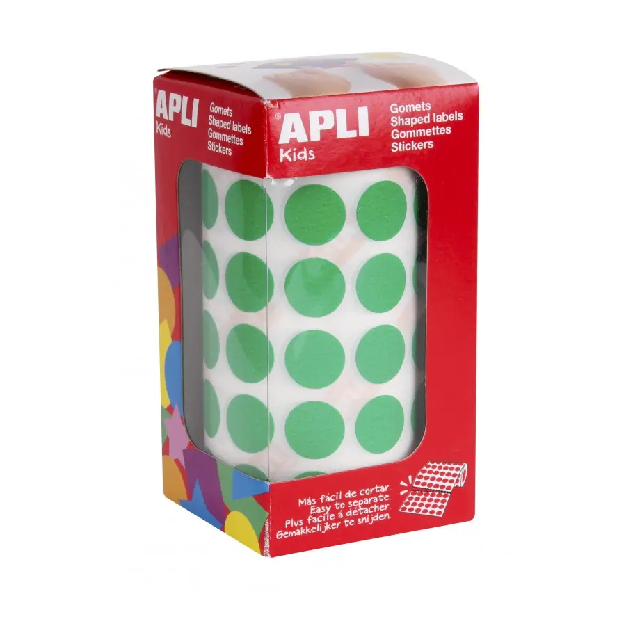 Gomets adhesivos circulares 15 mm verdes en rollo Apli 