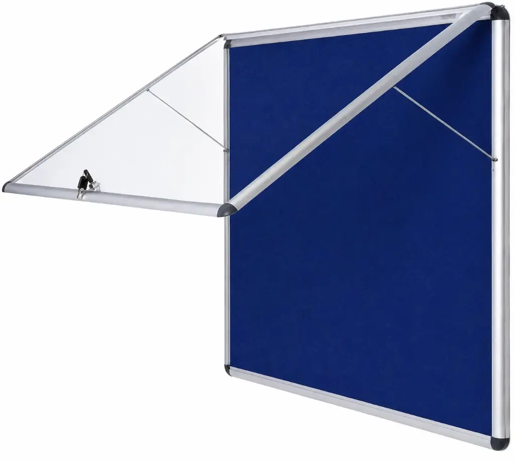 Vitrina para anuncios de fieltro con apertura superior, cerradura, marco de aluminio y puerta de metacrilato