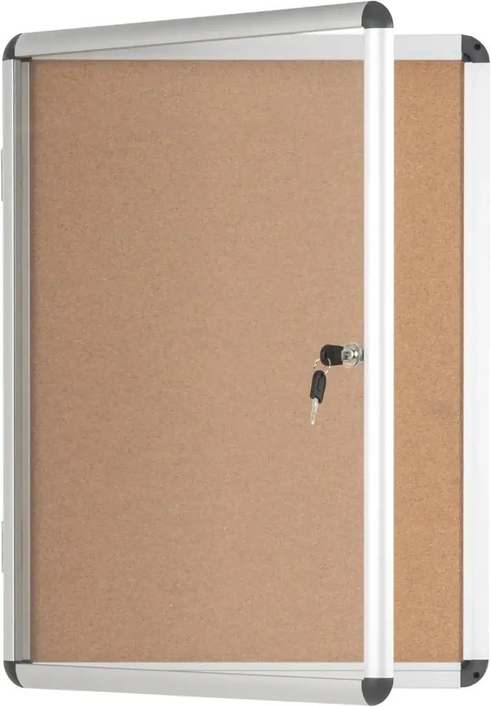 Vitrina para anuncios de corcho con cerradura, marco de aluminio y puerta de metacrilato