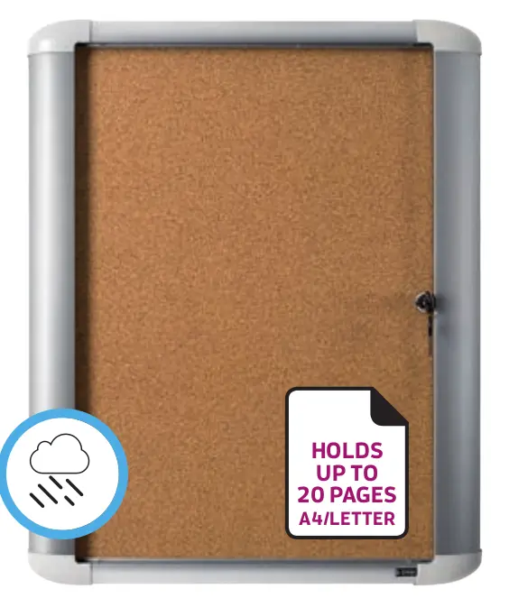 Vitrina para anuncios de corcho para exterior con cerradura, marco de aluminio y puerta de cristal templado