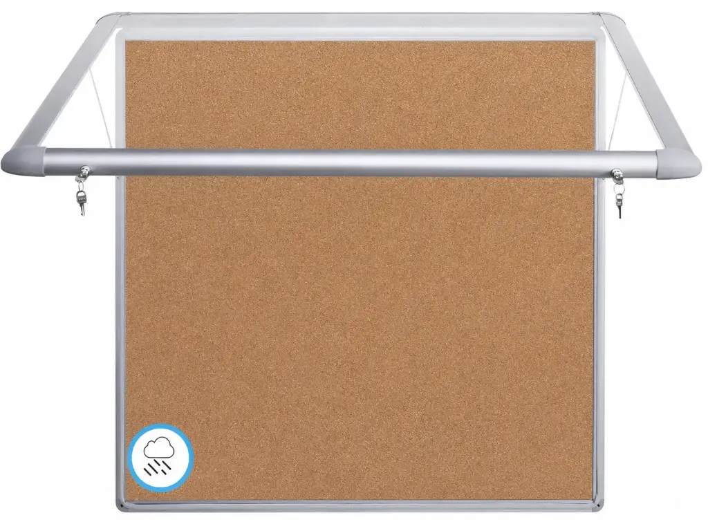 Vitrina para anuncios de corcho para exterior con apertura superior, cerradura, marco de aluminio y puerta de cristal templado