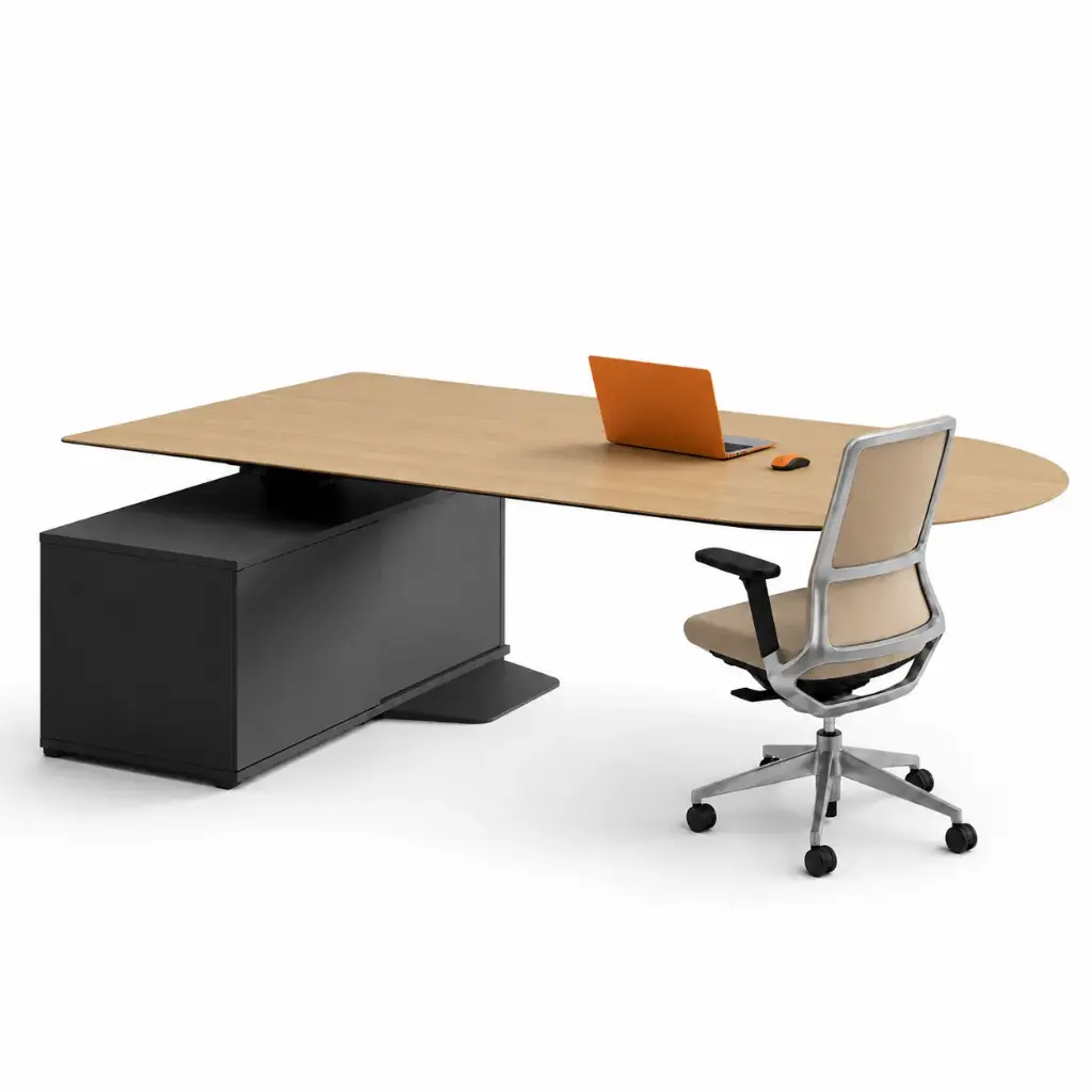Mesa de dirección ovalada elevable con apoyo en archivo Menssula Actiu 220 x 100 cm