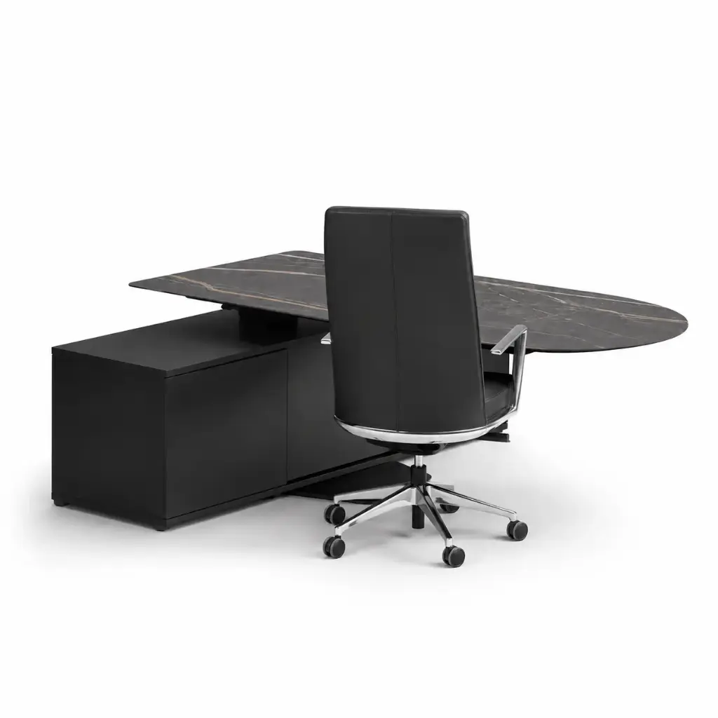 Mesa de dirección ovalada elevable con apoyo en aparador Menssula Actiu 220 x 200 cm