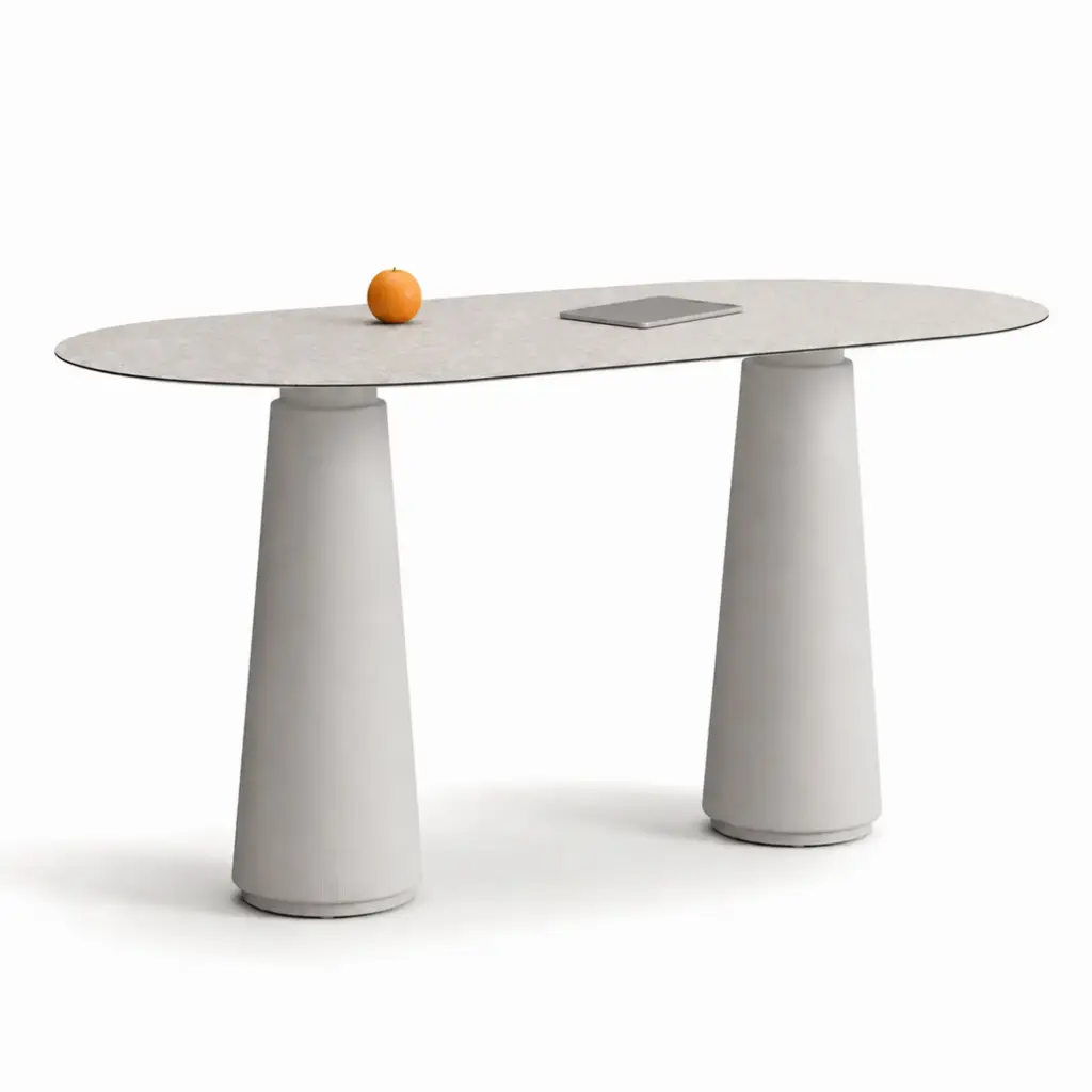 Mesa alta de reunión ovalada Dorik Actiu fenólico mármol 220 x 100 x alto 105 cm