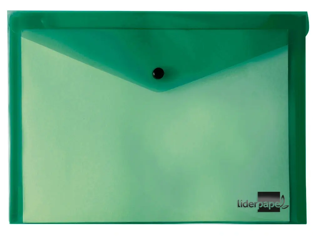 Sobre de plástico A5 con broche verde Liderpapel (Pack 12 unidades) 