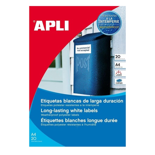 Etiquetas adhesivas A4 210 x 297 mm Apli 1228 – Pack de 20 Hojas A4 de Etiquetas Blancas Impermeables