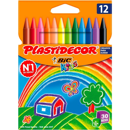 Lápices de cera BIC Plastidecor 12 colores lavables escolares para niños