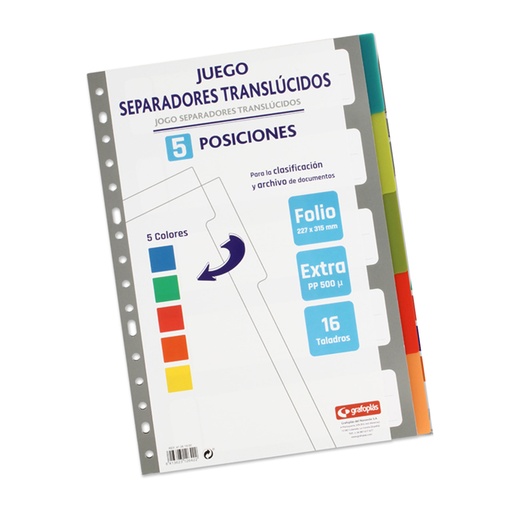Separadores de plástico translúcido extraduro de colores 6 posiciones Folio Grafoplás