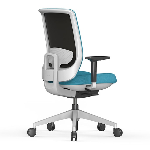 Silla Trim 50 tapizada Express Actiu con estructura blanca y tapizado azul