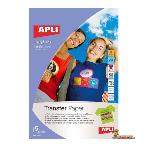 Papel Transfer APLI 10247 A4 para Camisetas de Color Oscuro – Personaliza Ropa con Impresora Inkjet (Pack 5 hojas)