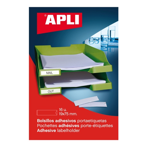 Bolsillos Adhesivos APLI 02615 para Etiquetas de 19 x 75 mm (Pack de 16 Unidades)