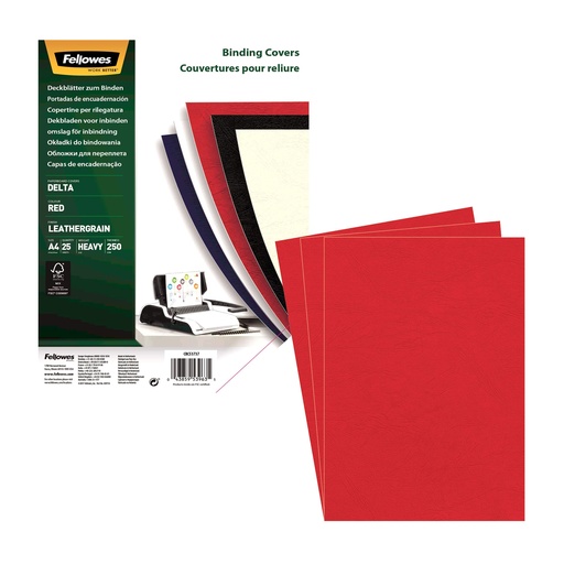 Portada de encuadernación A4 roja de cartulina de 250 g/m² Fellowes (Caja de 100)