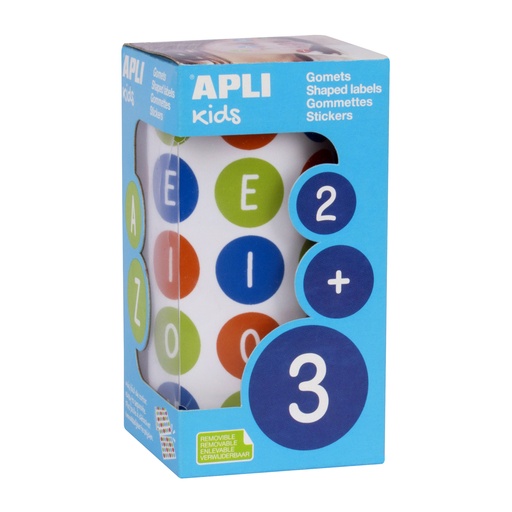 Gomets adhesivos circulares 20 mm vocales de colores en rollo Apli