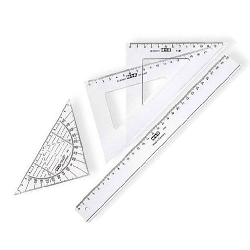 Juego de regla, escuadra, cartabón y transportador M+R