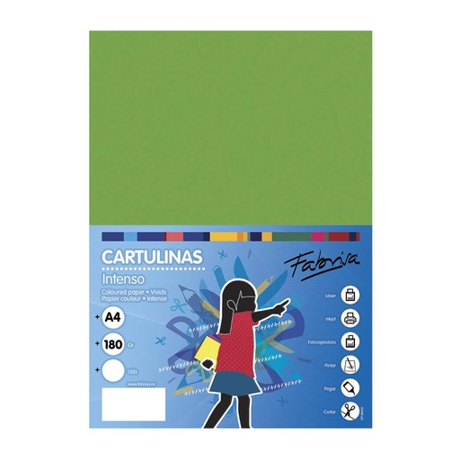 Cartulina A4 verde fuerte 180 g/m² Fabrisa (Pack 50 unidades)