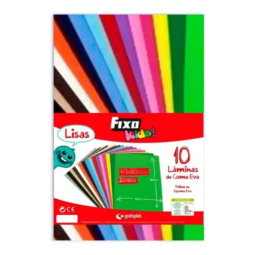Goma Eva 40 x 60 cm 2 mm colores variados Fixo Kids (Bolsa 10 láminas)