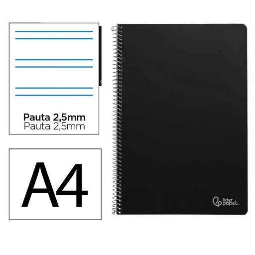 Cuaderno de espiral A4 pautado 2,5 mm 80 hojas negro Liderpapel
