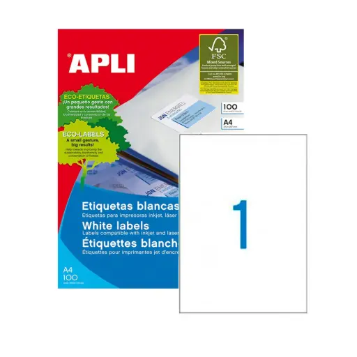 Etiquetas adhesivas A4 210 x 297 mm Apli (Caja 100 hojas)