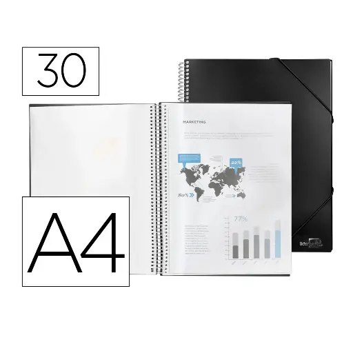 Carpeta escaparate de 30 fundas con espiral A4 negra Liderpapel