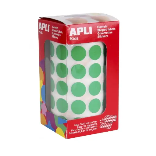Gomets adhesivos circulares 15 mm verdes en rollo Apli 