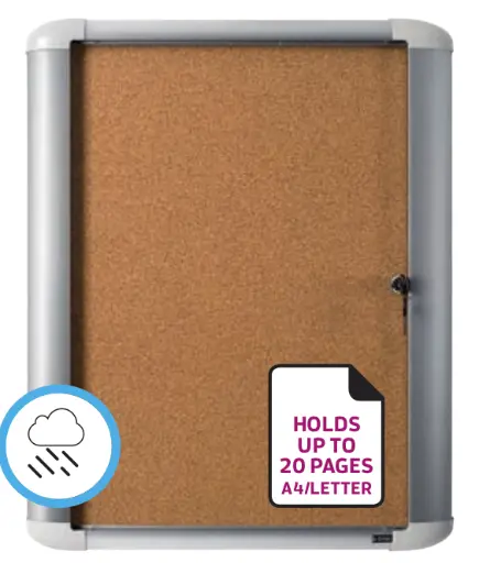 Vitrina para anuncios de corcho para exterior con cerradura, marco de aluminio y puerta de cristal templado