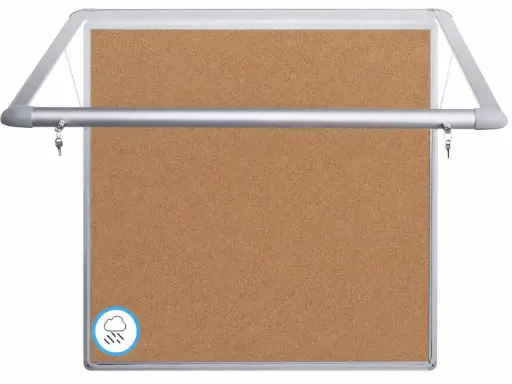 Vitrina para anuncios de corcho para exterior con apertura superior, cerradura, marco de aluminio y puerta de cristal templado